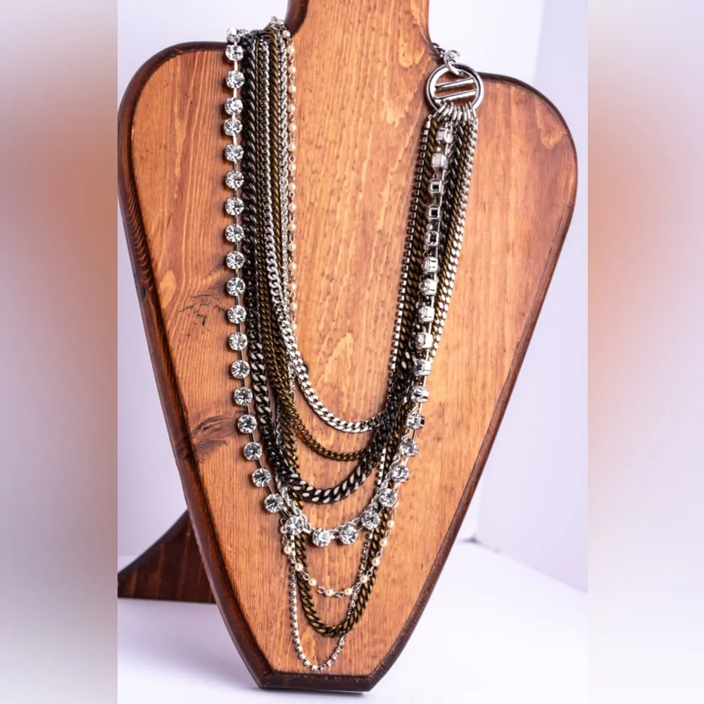 Luxury vintage layered necklace with crystal, gold, silver chain A32 - Picture 1 of 3